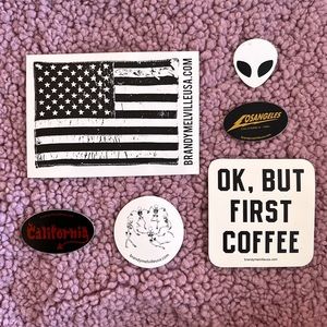 ⚡️Rare Retro Brandy Melville Stickers/ But First Coffee LA skeletons white alien
